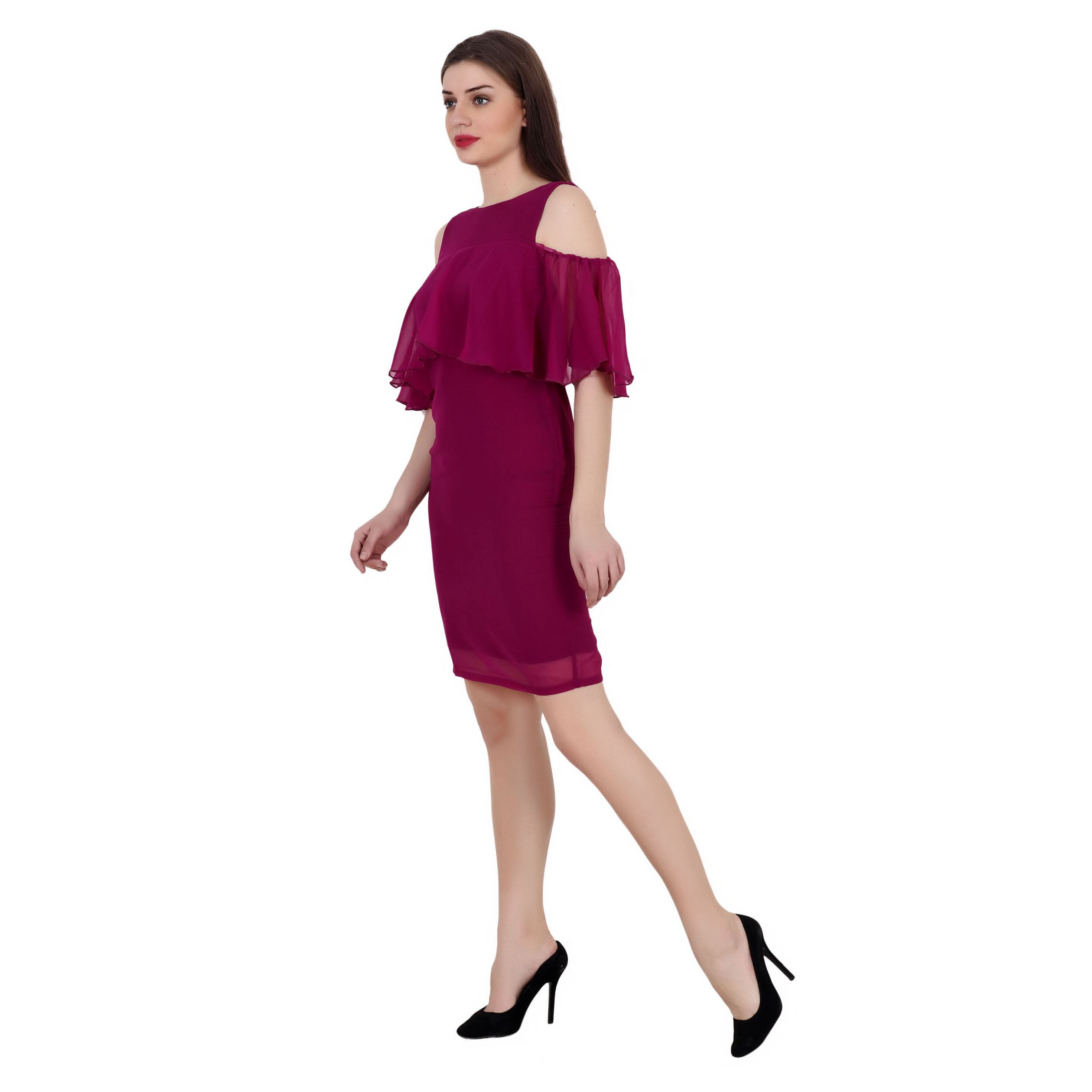 GRAPE PURPLE MIDI RUFFLE CAPE DRESS